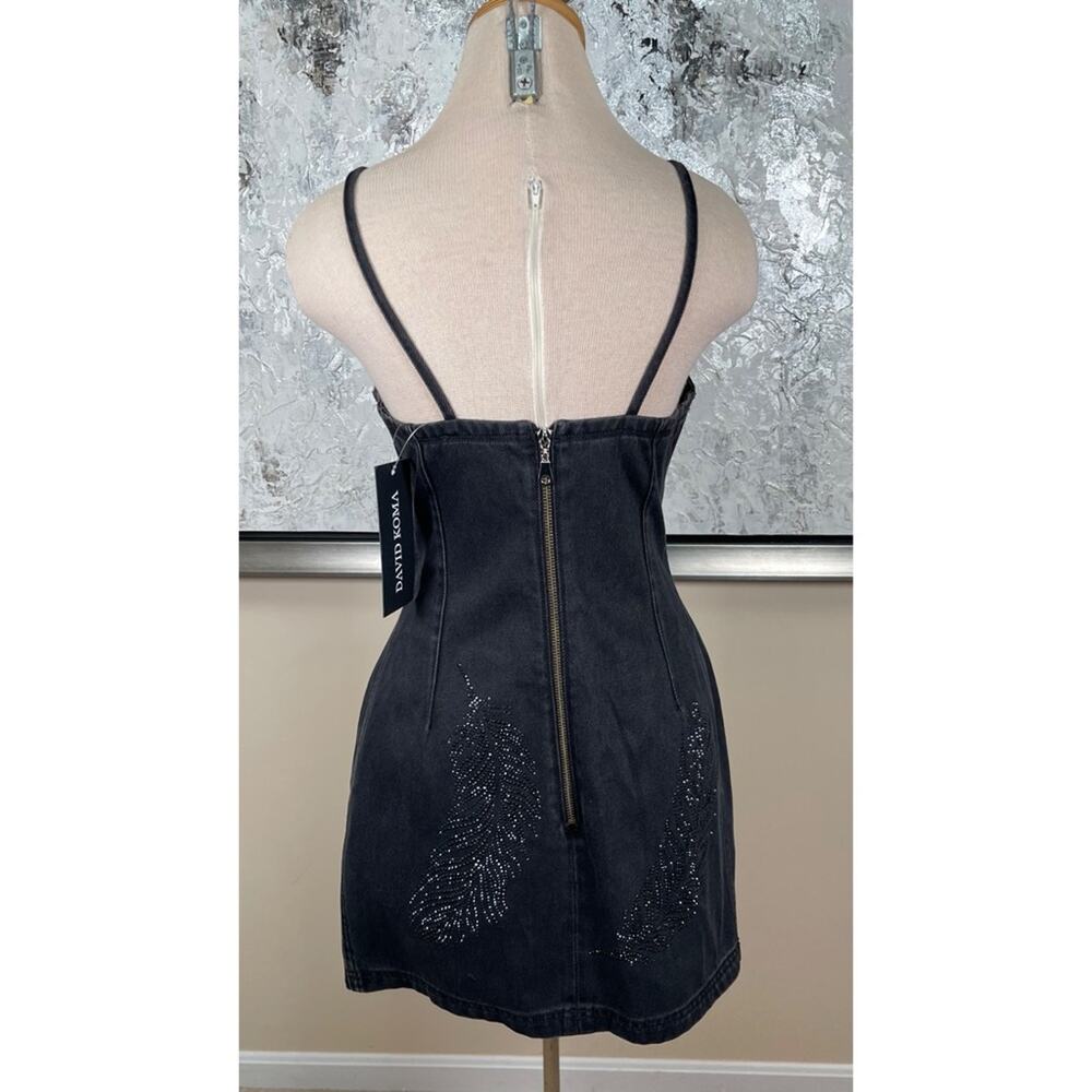 DAVID KOMA Rhinestone Feather Cami Sequin Embellished Denim Mini Dress Size 4 - Picture 6 of 8